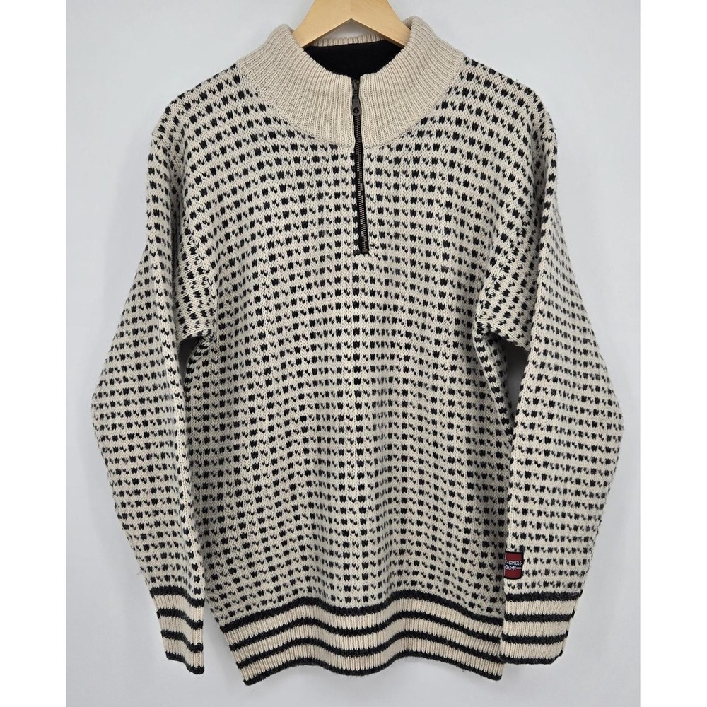 Vintage 100% wool Norwegian sweater - cream and black quarter zip